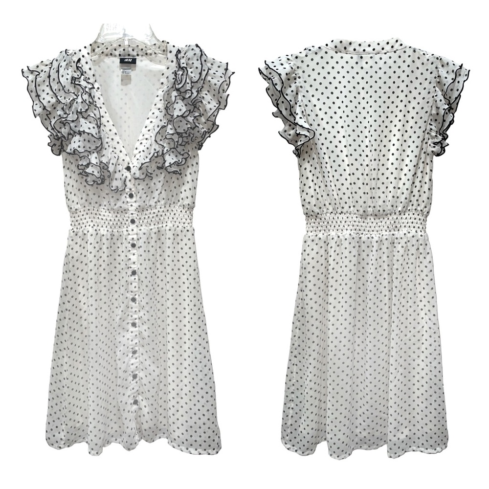 H&M White Polka Dot V-Neck Ruffle Button Down Summer Dress Sz S Angel Mesh Twee - Picture 2 of 6